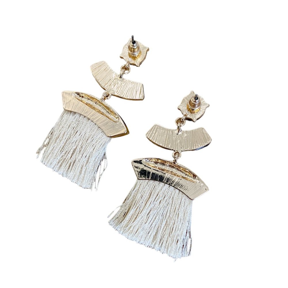 Women's Brown and Tan Cream Fringe Drop Earrings - Picture 2 of 2